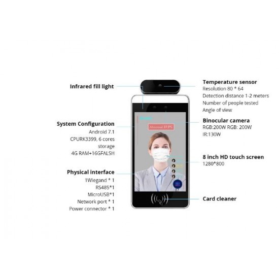 8 Inch Artificial intelligent System face recognition thermal imaging body temperature detection terminal 